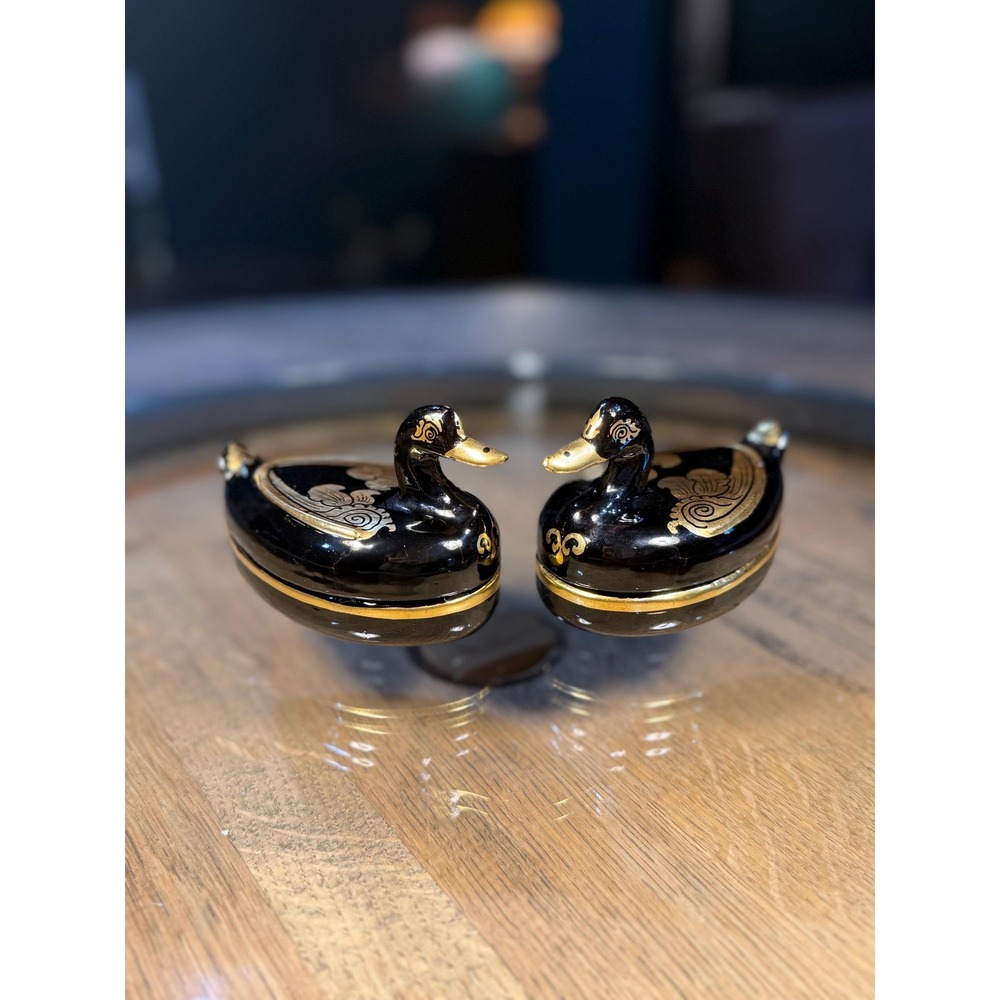 Vintage Black and Gold Duck Lidded Trinket‎ Boxes Pair